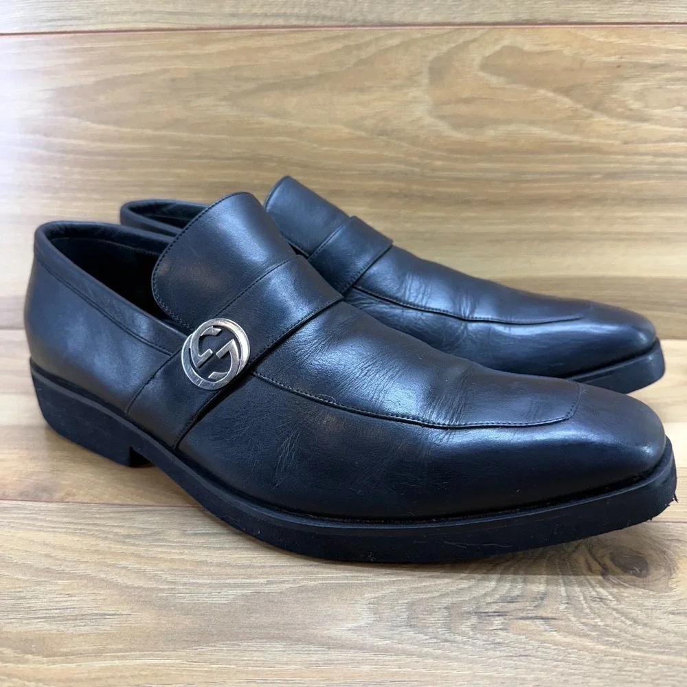 GUCCI Broadwick GG Medallion Mens 10.5 D Black Leather Square Toe Dress Formal